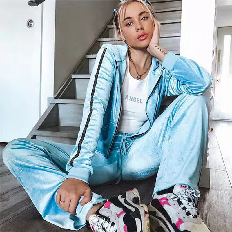 Velour Tracksuit Autumn and Winter Warm Gold Velvet Zipper Two-Piece Sports Trousers