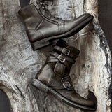 Western Shoes round Toe Belt Buckle Side Zipper Chunky Heel Casual Men's Short