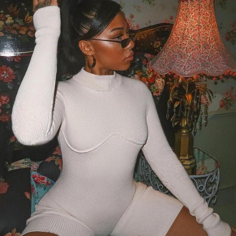 Spring Knitted Thread High Waist Tight Long Sleeve Jumpsuit