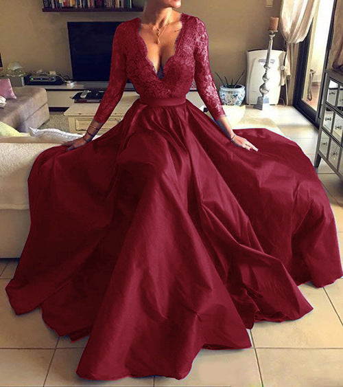 Long Homecoming Dresses Long Sleeve See-through Lace V-neck Evening Dress