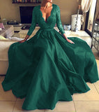 Long Homecoming Dresses Long Sleeve See-through Lace V-neck Evening Dress