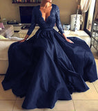 Long Homecoming Dresses Long Sleeve See-through Lace V-neck Evening Dress