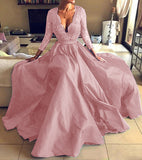 Long Homecoming Dresses Long Sleeve See-through Lace V-neck Evening Dress