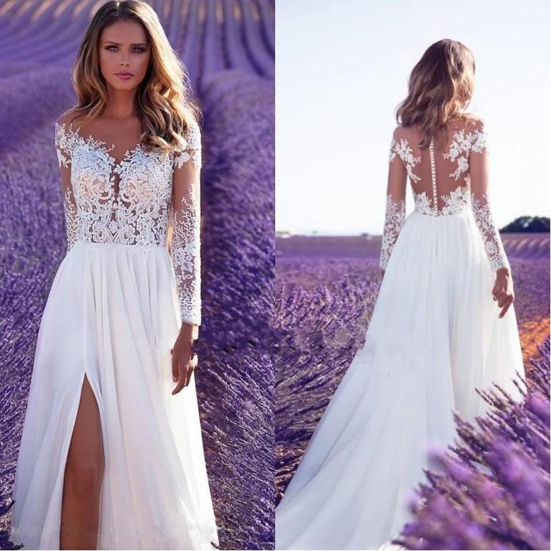 See Through Wedding Dress Sexy Long Sleeve See-Through Lace Wedding Dress Bridesmaid Dress Split Dress
