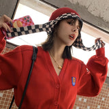 Red Beanie Hat Chessboard Plaid Flight Helmet Women's Winter Ear Scarf Knitted Hat