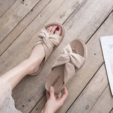 Women Open Toe Sandals Flats Spring/Summer Thick-Soled Muffin One-Word Twisted-Knot Slippers