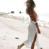 Coachella Music Festival Outfits V-neck Solid Color Breathable Knitted Long Dress Beach