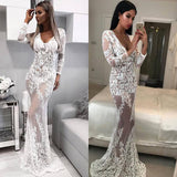 See through Wedding Dress V-neck Lace See-through Dress Long Dress