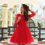 Women Lace Wedding Dress Women's Short Skirt Long Sleeve Polka Dot Dress Sexy Lace Backless Short Dress