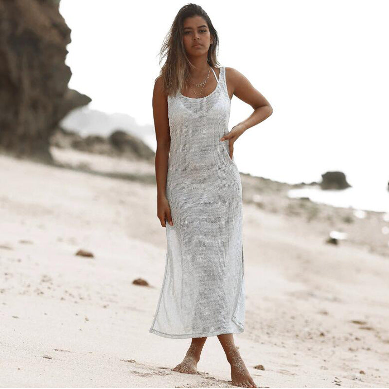 Coachella Music Festival Outfits V-neck Solid Color Breathable Knitted Long Dress Beach