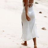Coachella Music Festival Outfits V-neck Solid Color Breathable Knitted Long Dress Beach