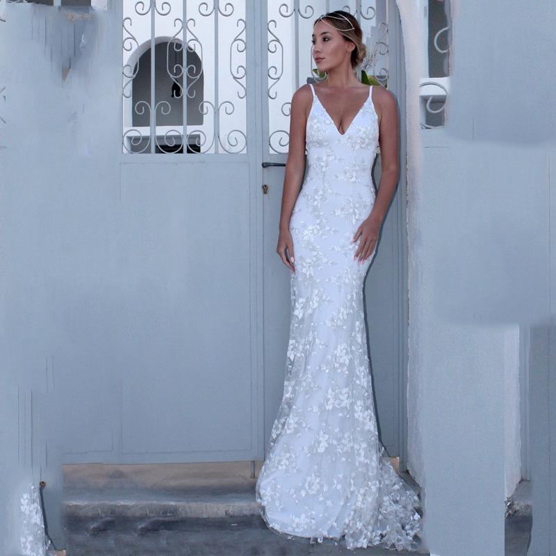 Women Lace Wedding Dress Sexy V-neck Camisole Gown Dress Banquet Evening Long Dress