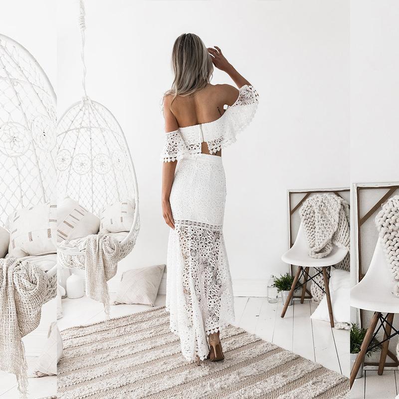 Women Lace Wedding Dress Beach Dress Tube Top Backless Two-Piece Set