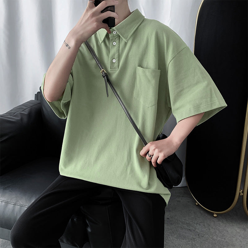 Men T-Shirts Harajuku Style Polo Shirt Loose Solid Color
