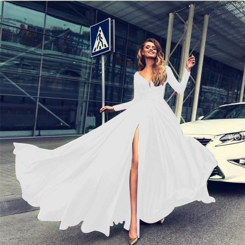 Burgundy Evening Dresses for Weddings Dress Sexy Deep V Long Sleeve Dress