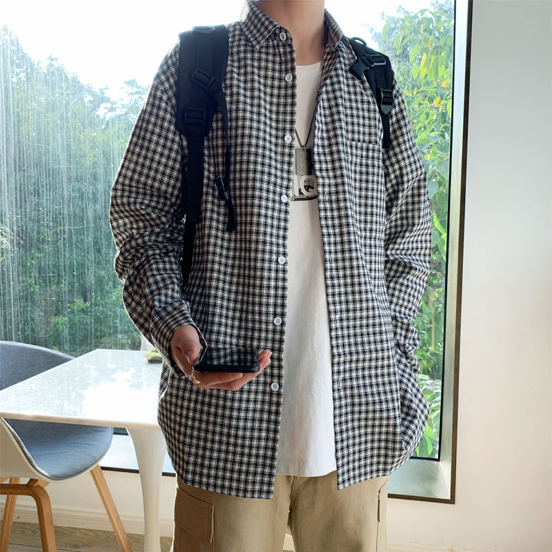 Men's Shirts All-Match Small Plaid Shirt Long Sleeve Shirt