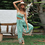Coachella Music Festival Outfits Suspenders Ethnic Loose Wide Leg Pants Two-Piece Set