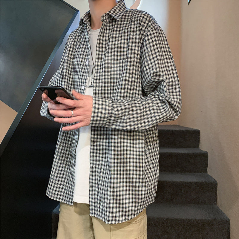 Men's Shirts All-Match Small Plaid Shirt Long Sleeve Shirt