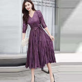 MIDI Mauve Wrap Dress Women's Spring and Summer Fashion plus Size Slim Purple Dress