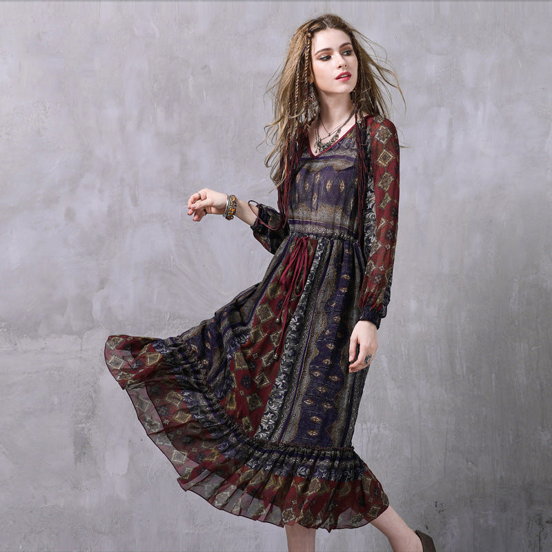 Gypsy Style Dresses Printed Chiffon Dress Ethnic Style Ruffled round Neck