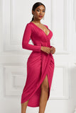 MIDI Mauve Wrap Dress Autumn and Winter Women's Solid Color Sexy Tight Long Sleeve V-neck Dress