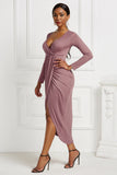 MIDI Mauve Wrap Dress Autumn and Winter Women's Solid Color Sexy Tight Long Sleeve V-neck Dress