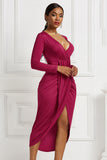 MIDI Mauve Wrap Dress Autumn and Winter Women's Solid Color Sexy Tight Long Sleeve V-neck Dress
