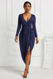 MIDI Mauve Wrap Dress Autumn and Winter Women's Solid Color Sexy Tight Long Sleeve V-neck Dress