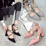 Hot Pink Heels Spring Sandals Chunky Heel Suede High Heels Pointed Toe Shallow Mouth Mid Heel Strap Roman Style Shoes