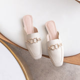 Finn Chain Pointed Toe Mule Summer Authentic Leather Toe Box Metal Decoration Flat Women's Sandals Pumps