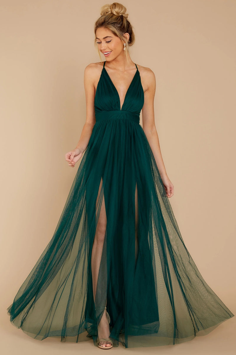 Emerald Green Dress Sexy Suspenders Deep V Mesh Camisole
