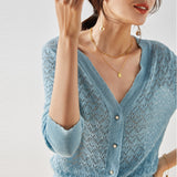 Gloria Vanderbilt V-neck Grandma Shirt Sun Protection Hollow-out Long Sleeve