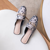 Finn Chain Pointed Toe Mule Summer Authentic Leather Toe Box Metal Decoration Flat Women's Sandals Pumps