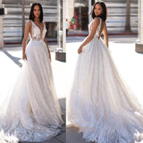 See through Wedding Dress Deep V-neck Backless Long Dress