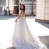 See through Wedding Dress Deep V-neck Backless Long Dress