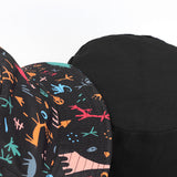 Bucket Hat Fishing Cap Cotton Print Fisherman Hat Black Double-Sided Cartoon Animal Art