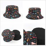 Bucket Hat Fishing Cap Cotton Print Fisherman Hat Black Double-Sided Cartoon Animal Art