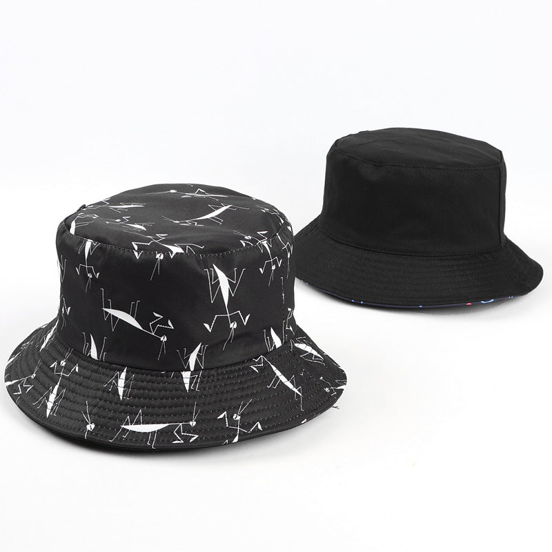 Bucket Hat Fishing Cap Cotton Print Fisherman Hat Black Double-Sided Cartoon Animal Art