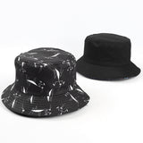 Bucket Hat Fishing Cap Cotton Print Fisherman Hat Black Double-Sided Cartoon Animal Art