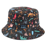 Bucket Hat Fishing Cap Cotton Print Fisherman Hat Black Double-Sided Cartoon Animal Art