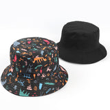 Bucket Hat Fishing Cap Cotton Print Fisherman Hat Black Double-Sided Cartoon Animal Art