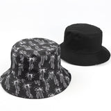 Bucket Hat Fishing Cap Cotton Print Fisherman Hat Black Double-Sided Cartoon Animal Art