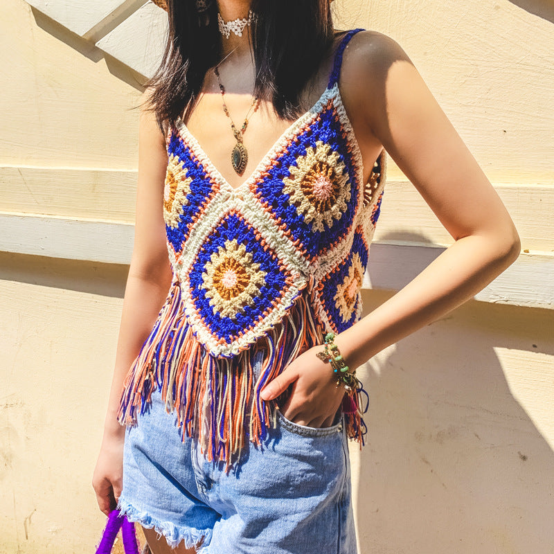 Coachella Music Festival Outfits Tassel Suspender Hollow out Knitted Vest Top