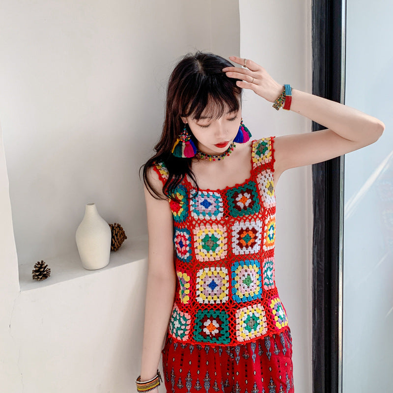 Coachella Music Festival Outfits Crochet Weaving Hollow Vest Camisole Vacation Knitted