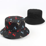 Bucket Hat Fishing Cap Cotton Print Fisherman Hat Black Double-Sided Cartoon Animal Art