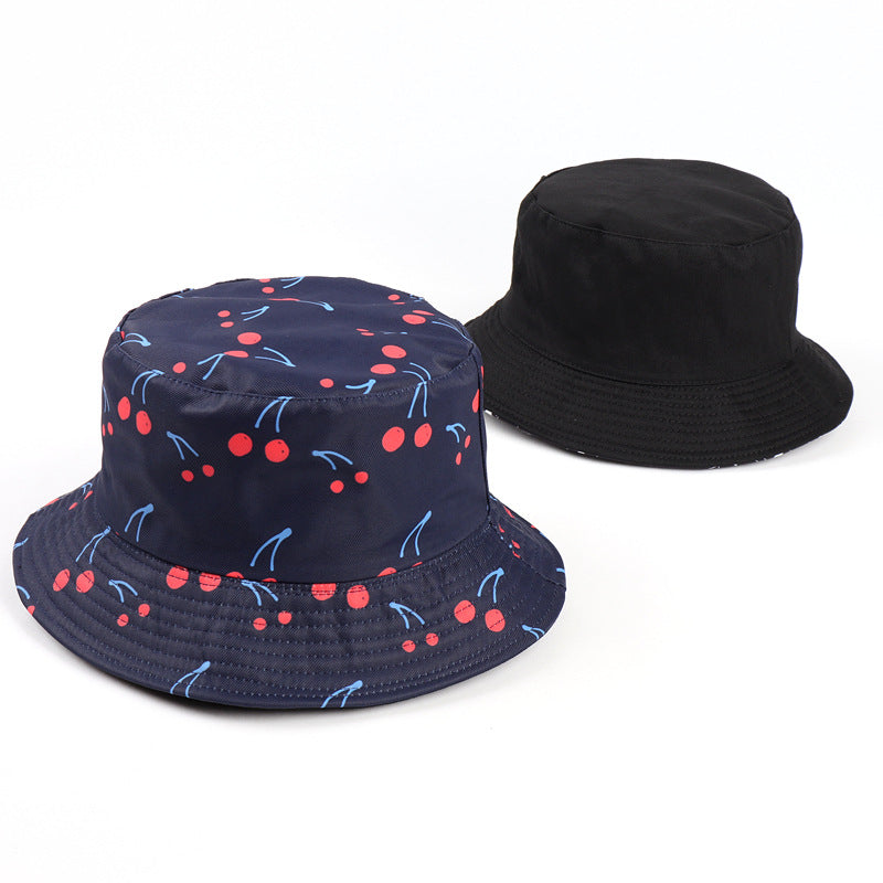 Bucket Hat Fishing Cap Cotton Print Fisherman Hat Black Double-Sided Cartoon Animal Art