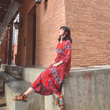 Coachella Music Festival Outfits Vintage Printed Button Waist Holiday Dress
