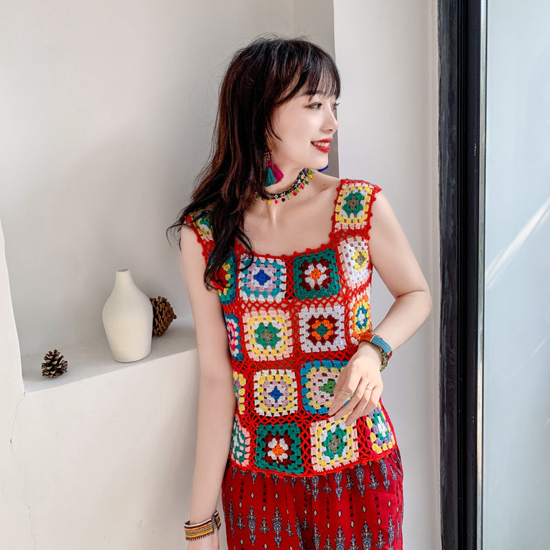 Coachella Music Festival Outfits Crochet Weaving Hollow Vest Camisole Vacation Knitted