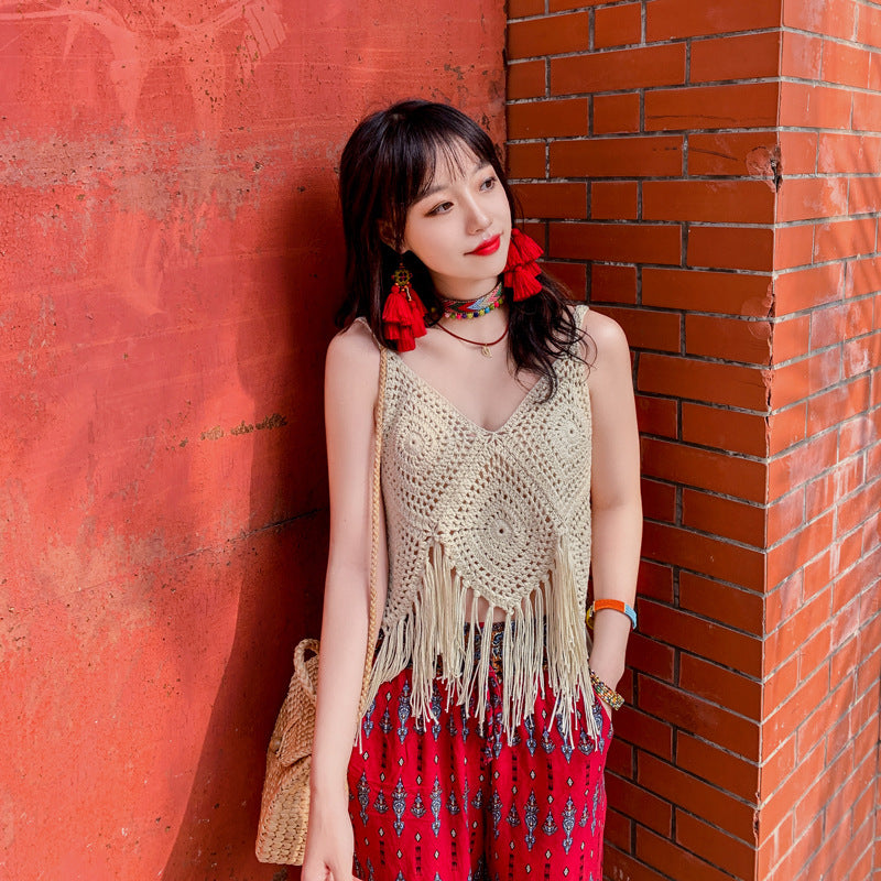 Coachella Music Festival Outfits Ethnic Style Tassel Knitted Sling