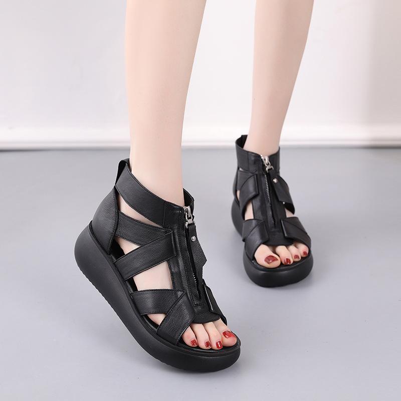 Highway Flat Sandals Spring Hollow Zipper Retro Platform Shoes